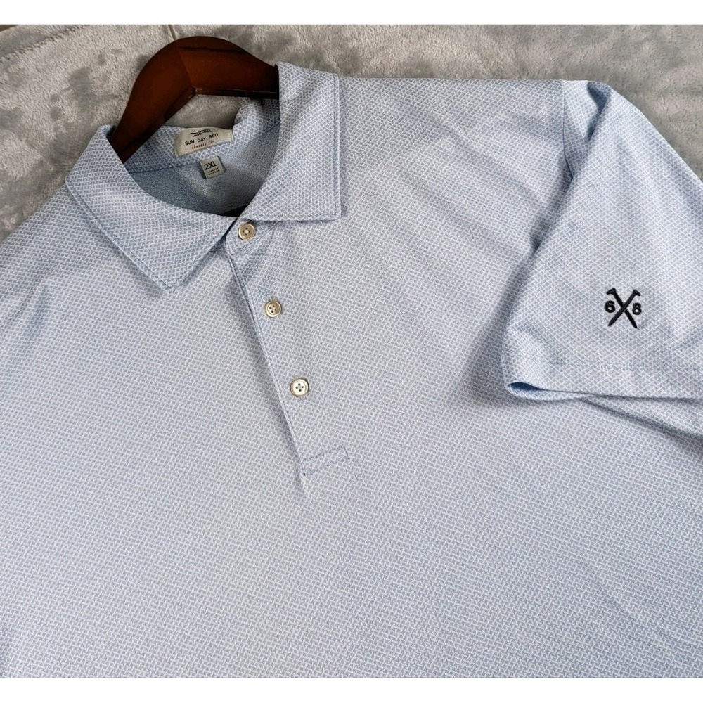 ⁠Sun Day Red Polo Shirt Mens 2XL Blue Tiger Woods Geometric Golf Performance
